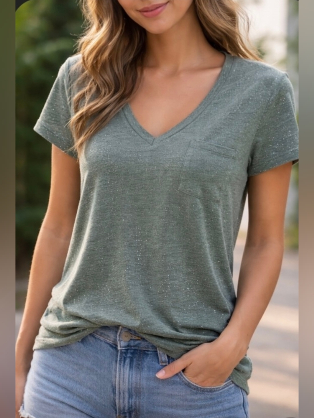 J. Crew Women's Linen V-Neck T-shirt Medium Hunter Green W/ Glitter Capsule Prep